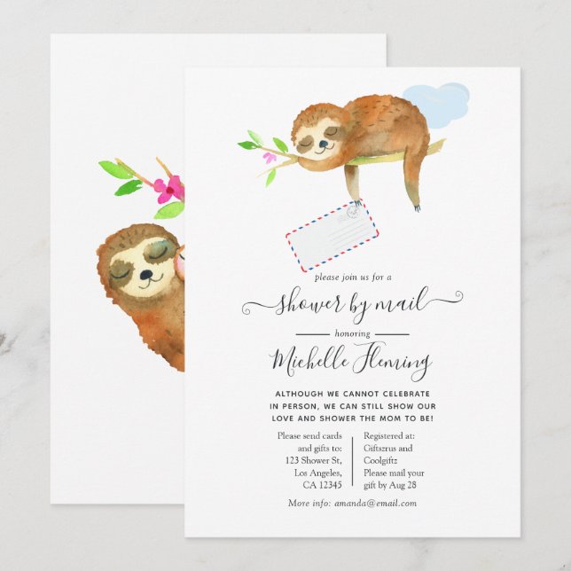 Cute Watercolor Sloth themed Baby Shower by Mail Invitation (Front/Back)