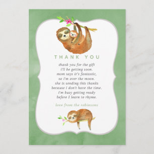 Cute Watercolor Sloth themed Baby Shower Thank You Card