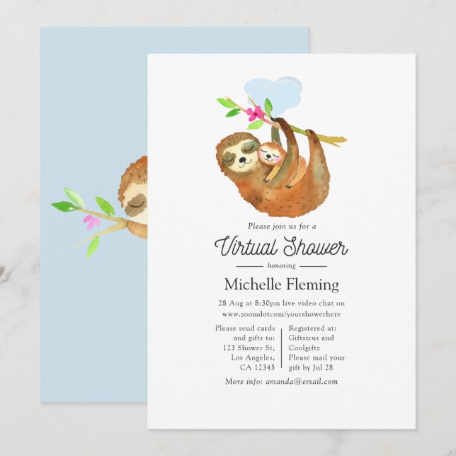 Cute Watercolor Sloth themed Virtual Baby Shower Invitation (Front/Back)