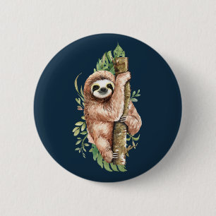 Cute Watercolor Sloth & Tropical Leaves 2 Inch Round Button