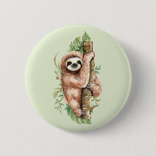 Cute Watercolor Sloth & Tropical Leaves 2 Inch Round Button