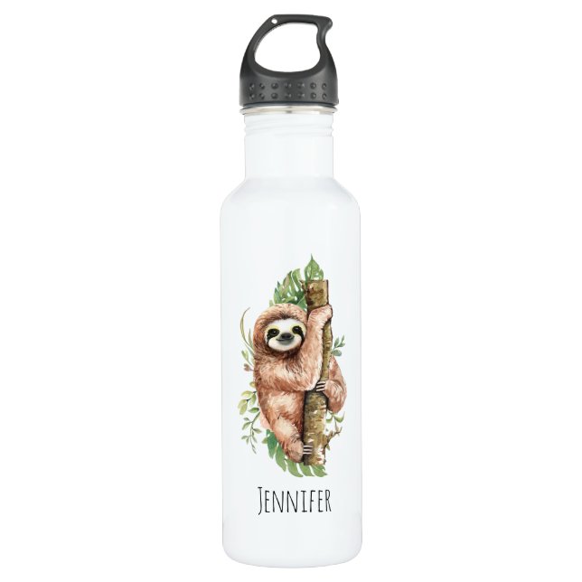 Cute Watercolor Sloth & Tropical Leaves 710 Ml Water Bottle (Front)