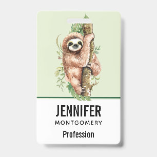 Cute Watercolor Sloth & Tropical Leaves Badge
