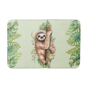 Cute Watercolor Sloth & Tropical Leaves Bath Mat