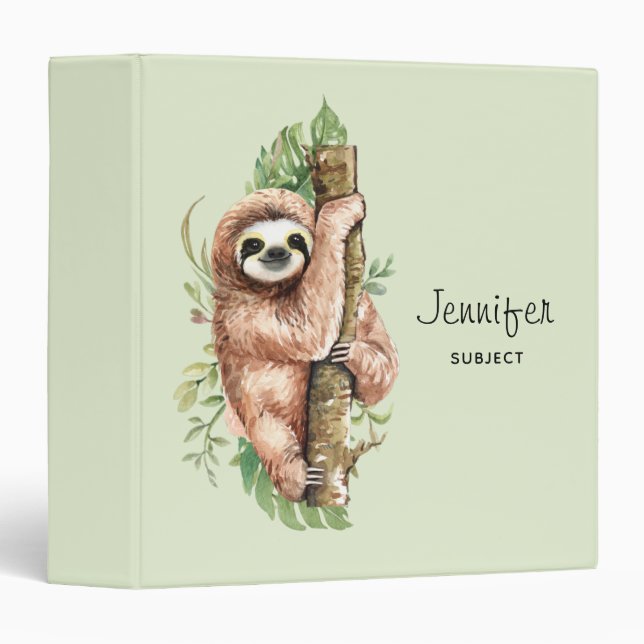 Cute Watercolor Sloth & Tropical Leaves Binder (Front/Spine)