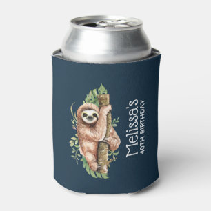 Cute Watercolor Sloth & Tropical Leaves Birthday Can Cooler