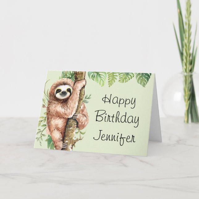 Cute Watercolor Sloth & Tropical Leaves Birthday Card (Front)