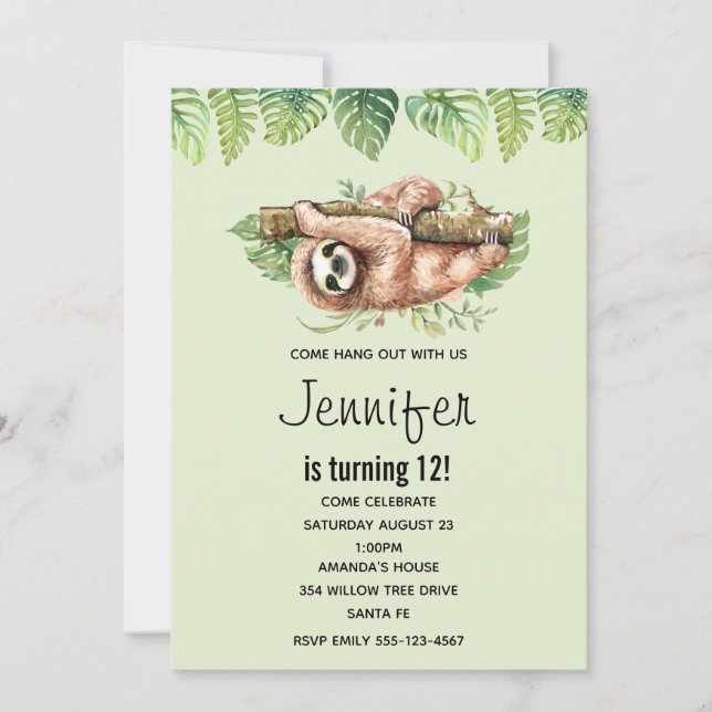 Cute Watercolor Sloth & Tropical Leaves Birthday Invitation (Front)