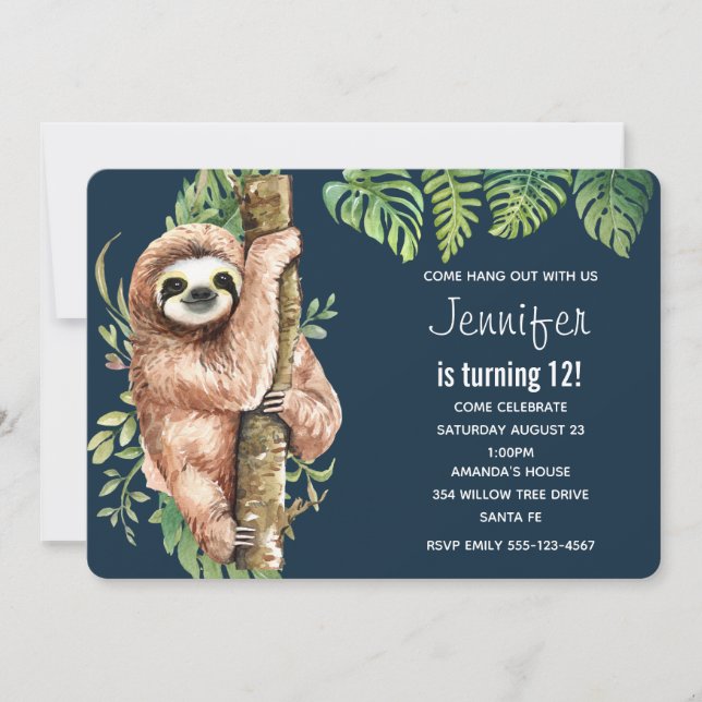 Cute Watercolor Sloth & Tropical Leaves Birthday Invitation (Front)