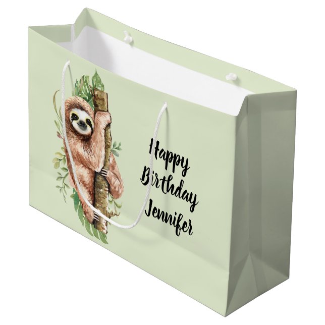 Cute Watercolor Sloth & Tropical Leaves Birthday Large Gift Bag (Front Angled)