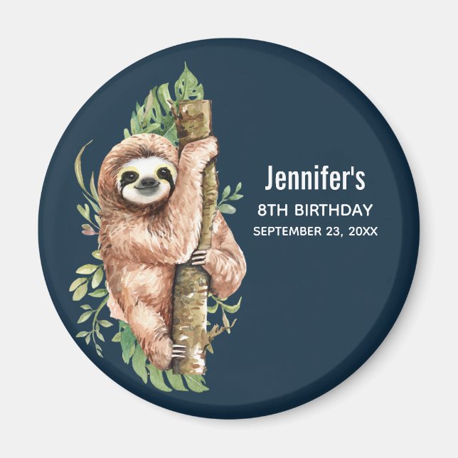Cute Watercolor Sloth & Tropical Leaves Birthday Magnet (Front)