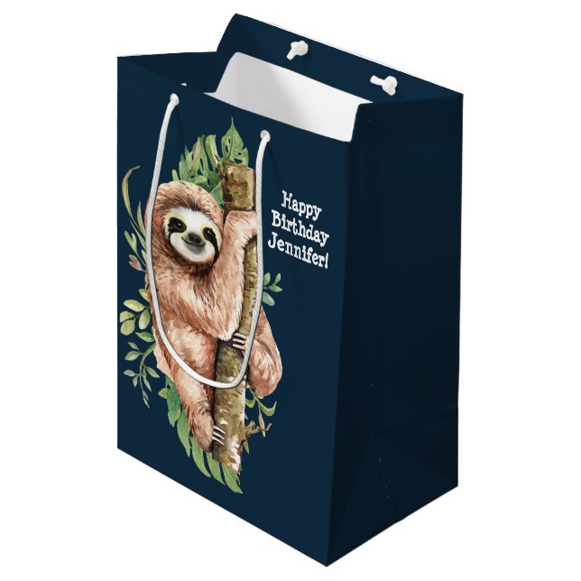 Cute Watercolor Sloth & Tropical Leaves Birthday Medium Gift Bag (Front Angled)