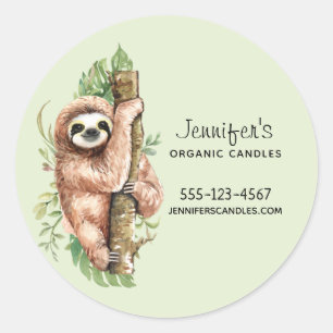Cute Watercolor Sloth & Tropical Leaves Business Classic Round Sticker