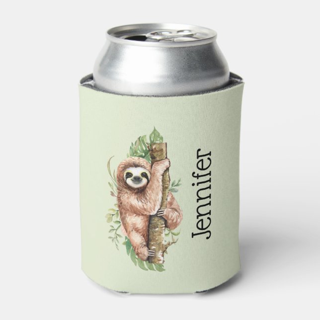 Cute Watercolor Sloth & Tropical Leaves Can Cooler (Can Front)