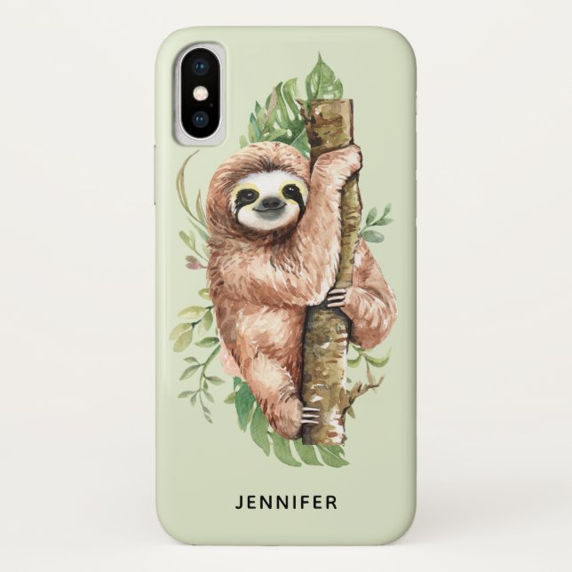 Cute Watercolor Sloth & Tropical Leaves Case-Mate iPhone Case (Back)