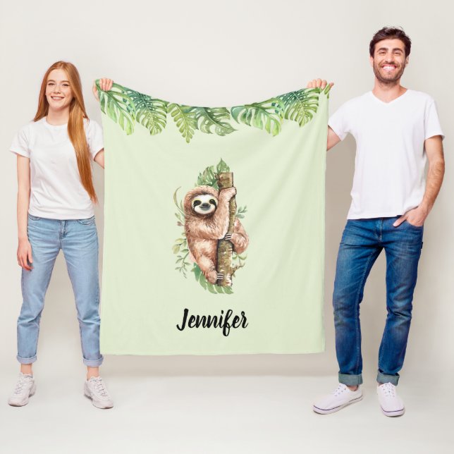 Cute Watercolor Sloth & Tropical Leaves Fleece Blanket (In Situ)
