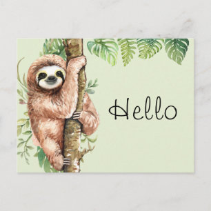 Cute Watercolor Sloth & Tropical Leaves Hello Postcard