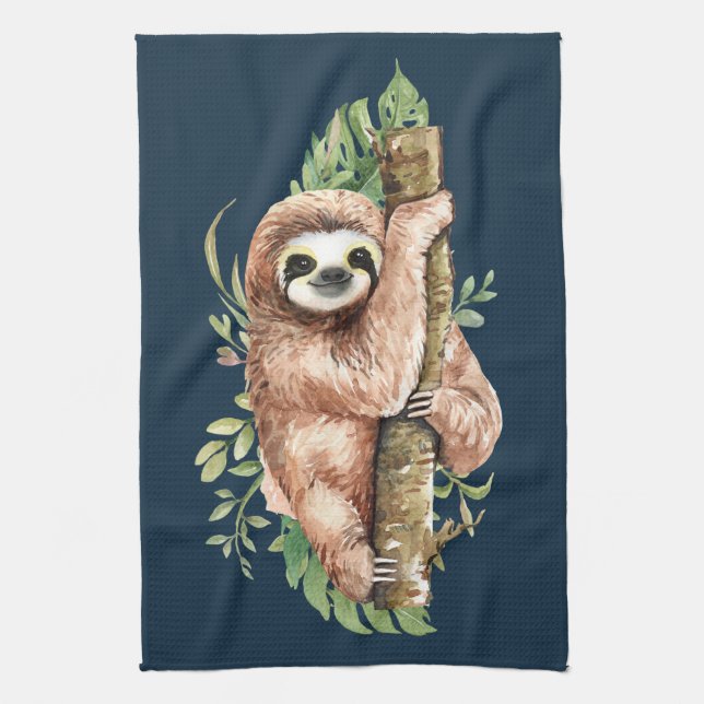 Cute Watercolor Sloth & Tropical Leaves Kitchen Towel (Vertical)
