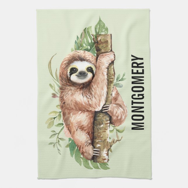 Cute Watercolor Sloth & Tropical Leaves Kitchen Towel (Vertical)