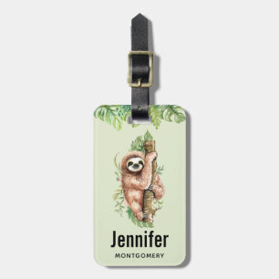 Cute Watercolor Sloth & Tropical Leaves Luggage Tag