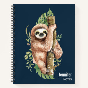 Cute Watercolor Sloth & Tropical Leaves Notebook