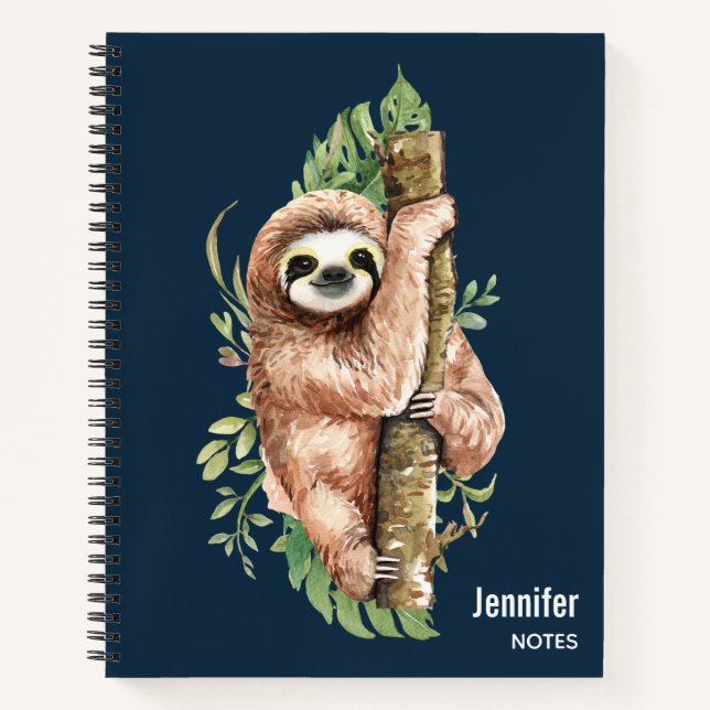 Cute Watercolor Sloth & Tropical Leaves Notebook (Front)