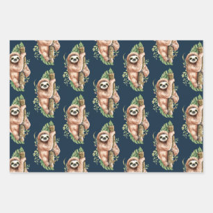 Cute Watercolor Sloth & Tropical Leaves Pattern Wrapping Paper Sheet