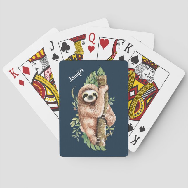 Cute Watercolor Sloth & Tropical Leaves Playing Cards (Back)