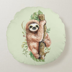 Cute Watercolor Sloth & Tropical Leaves Round Pillow