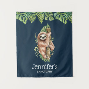 Cute Watercolor Sloth & Tropical Leaves Sanctuary Tapestry