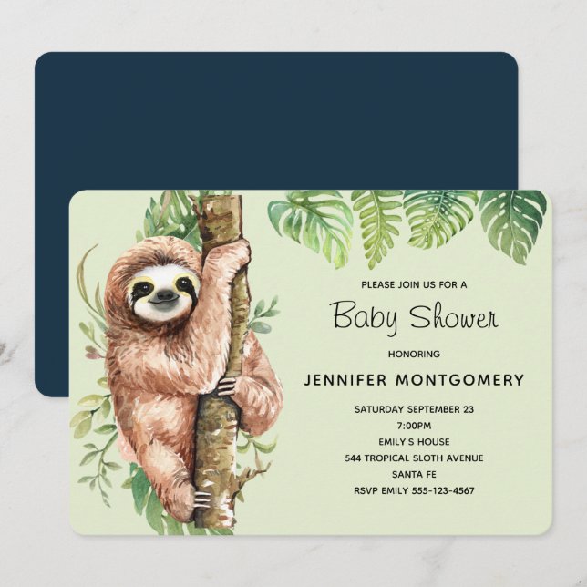 Cute Watercolor Sloth & Tropical Leaves Shower Invitation (Front/Back)