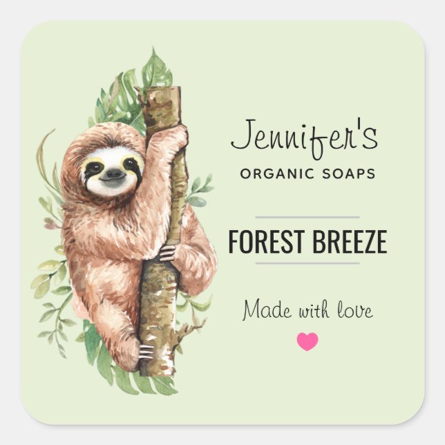 Cute Watercolor Sloth & Tropical Leaves Soap Square Sticker (Front)