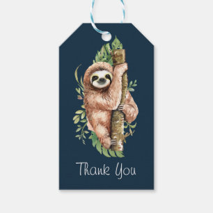 Cute Watercolor Sloth & Tropical Leaves Thank You Gift Tags