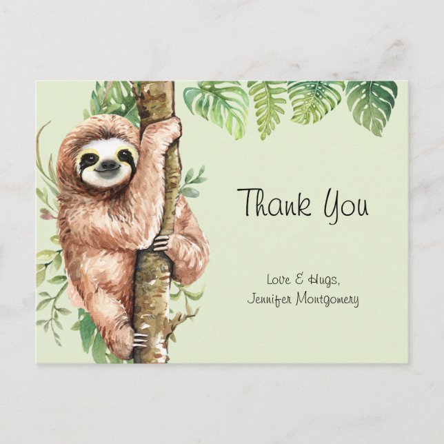 Cute Watercolor Sloth & Tropical Leaves Thank You Postcard (Front)