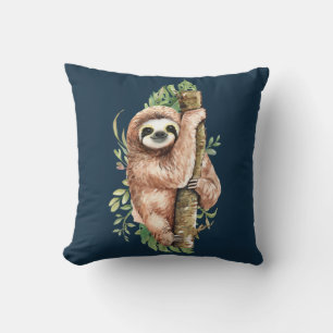 Cute Watercolor Sloth & Tropical Leaves Throw Pillow