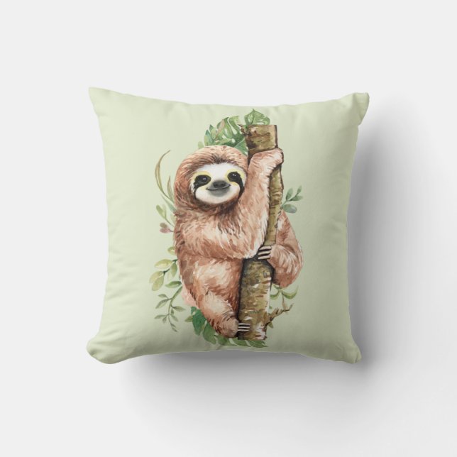 Cute Watercolor Sloth & Tropical Leaves Throw Pillow (Front)