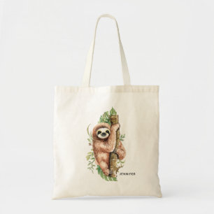 Cute Watercolor Sloth & Tropical Leaves Tote Bag