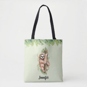 Cute Watercolor Sloth & Tropical Leaves Tote Bag