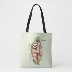 Cute Watercolor Sloth & Tropical Leaves Tote Bag