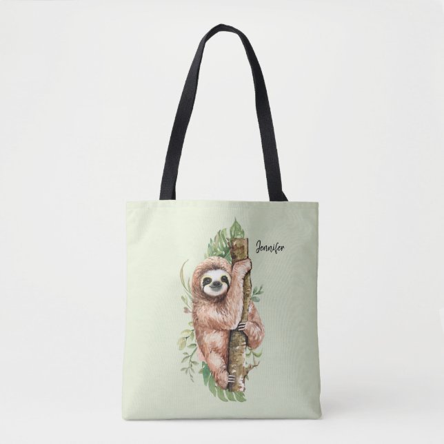 Cute Watercolor Sloth & Tropical Leaves Tote Bag (Front)