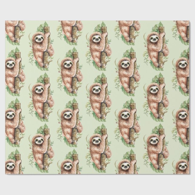 Cute Watercolor Sloth & Tropical Leaves Wrapping Paper (Flat)