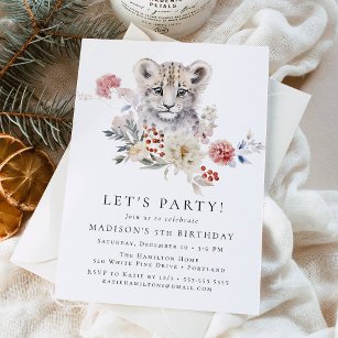 Cute Watercolor Snow Leopard Winter Birthday Party Invitation