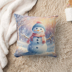 Cute Watercolor Snowman in Winter Wonderland Throw Pillow