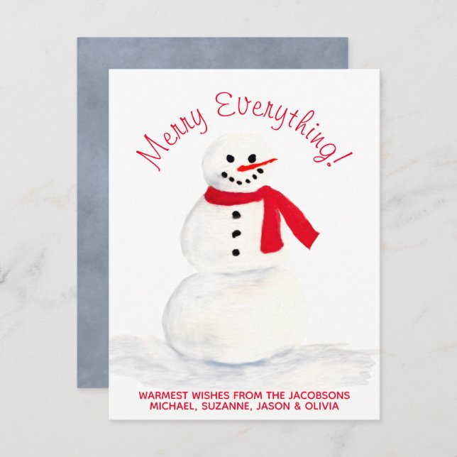 Cute Watercolor Snowman Merry Everything Festive Holiday Card (Front/Back)