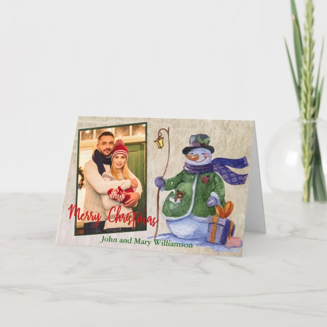 Cute Watercolor Snowman Photo Christmas Holiday Card (Front)