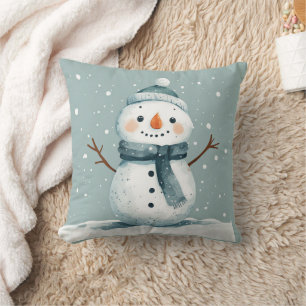 Cute Watercolor Snowman with Pastel Teal Tones Throw Pillow
