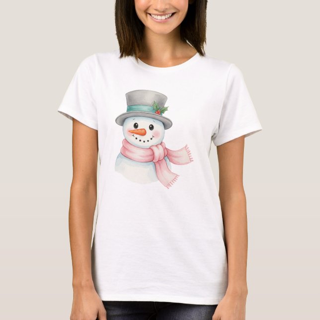 Cute Watercolor Snowman with Pink Scarf Holiday T-Shirt (Front)