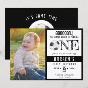 Cute Watercolor Soccer Photo Black 1st Birthday Invitation