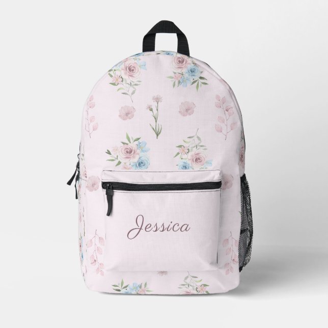 Cute Watercolor Soft Pastel Pink Foral Printed Backpack (Front)