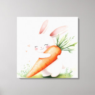Cute Watercolor Spring Bunny Carrot Canvas Print
